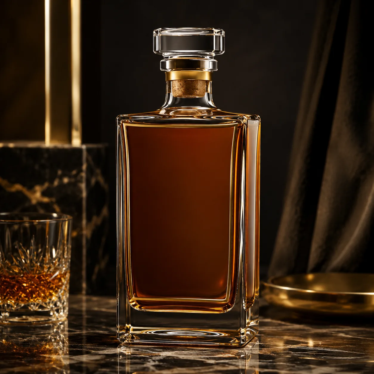 Detail view of Rectangular Whiskey Bottle showing cork, bar top or cap by neck finish