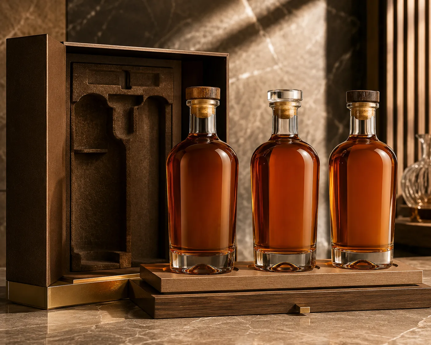 Close-up of Rum Bottle showing the glass finish, closure area and base.