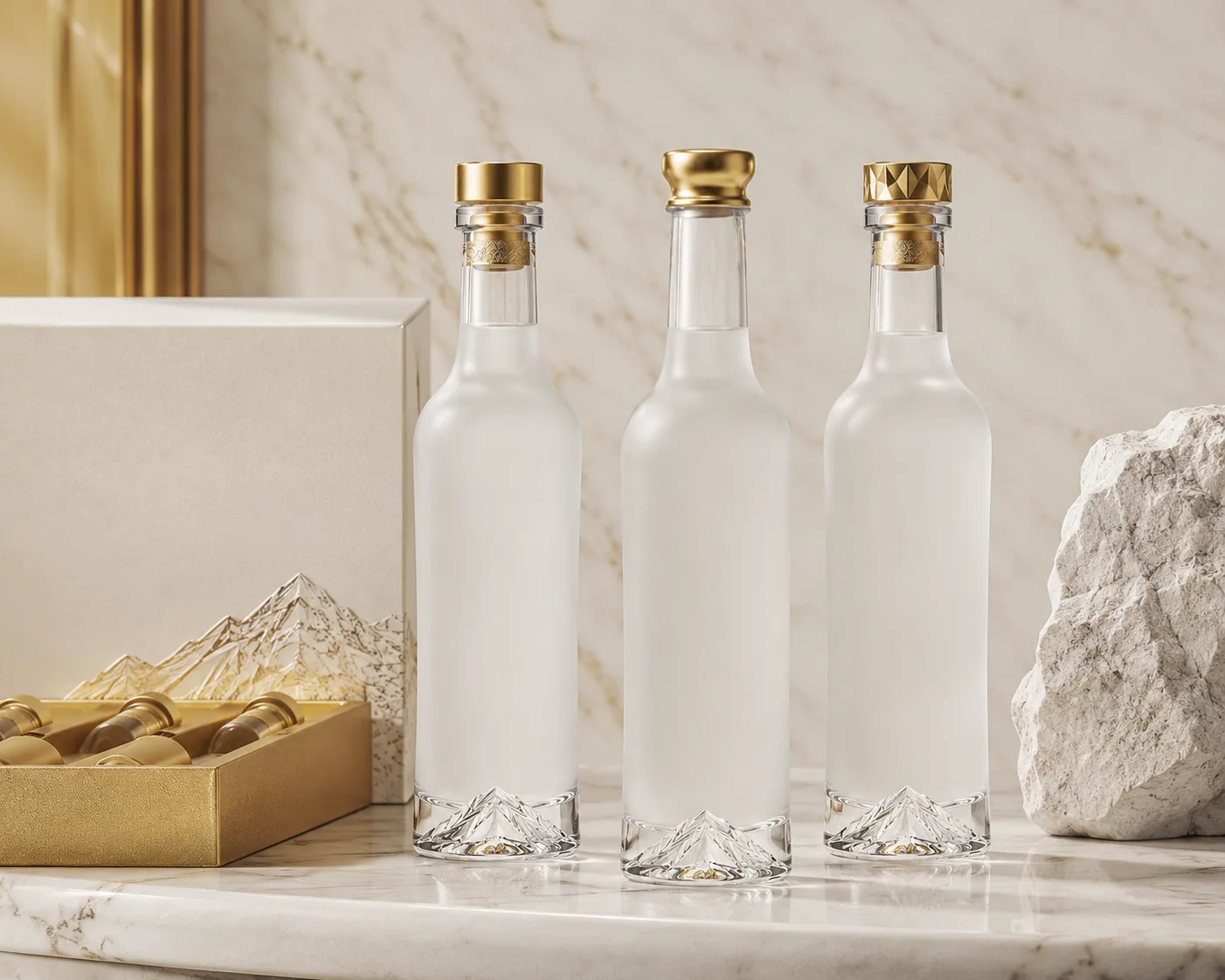 Close-up of Sake Bottle showing the glass finish, closure area and base.
