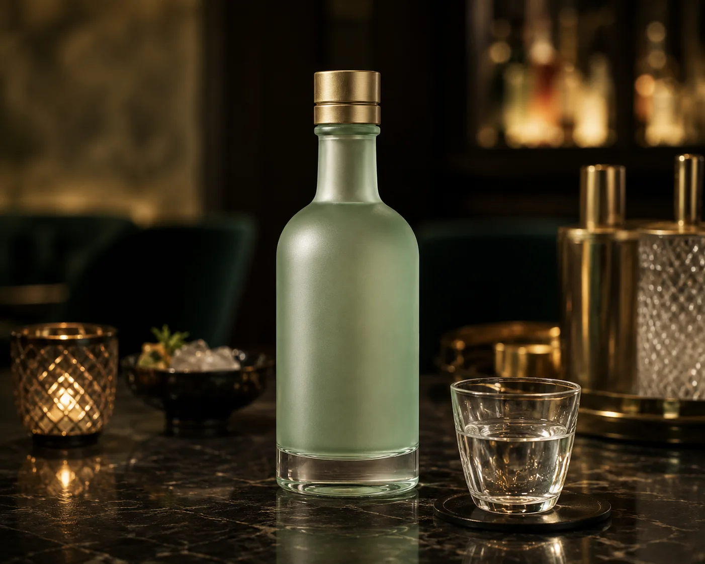 Soju Bottle in a premium spirits packaging presentation for soju and regional spirit packaging.