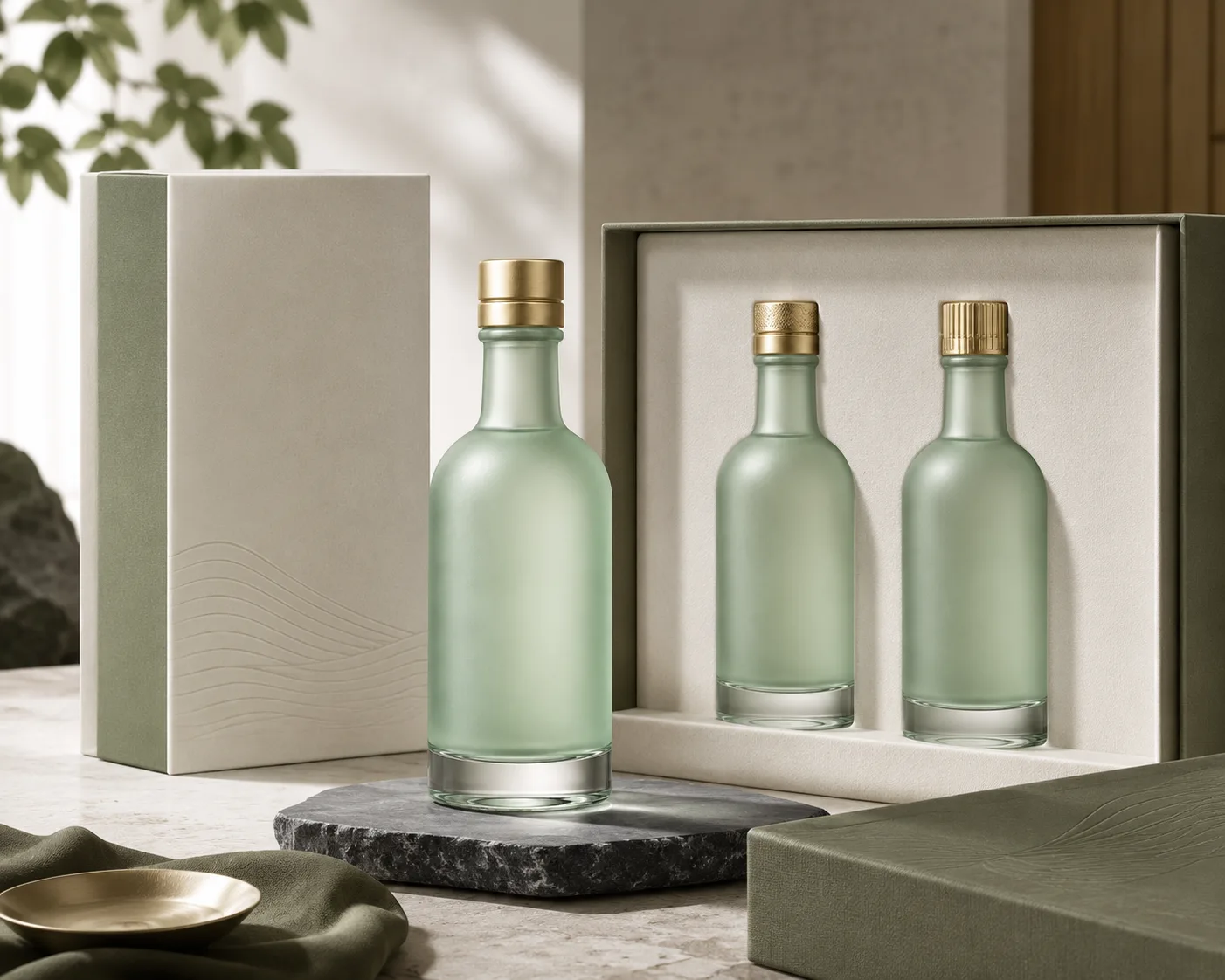 Close-up of Soju Bottle showing the glass finish, closure area and base.