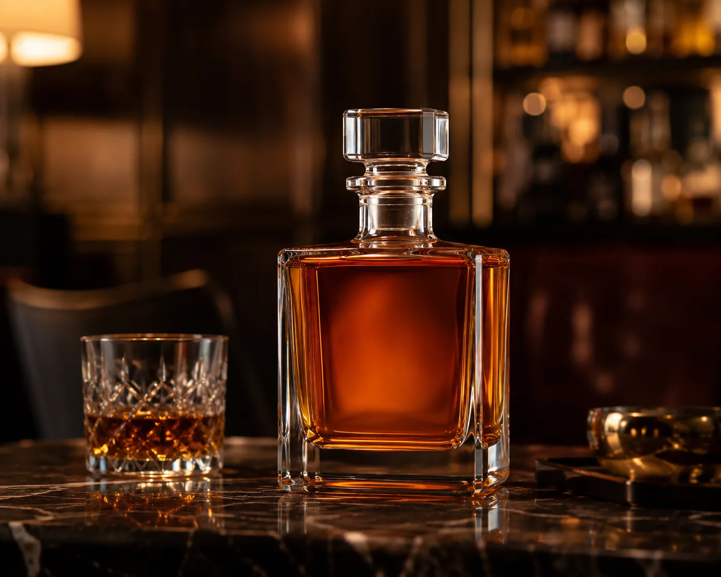 Square Whiskey Bottle in a premium spirits packaging presentation for whiskey and premium spirit packaging.