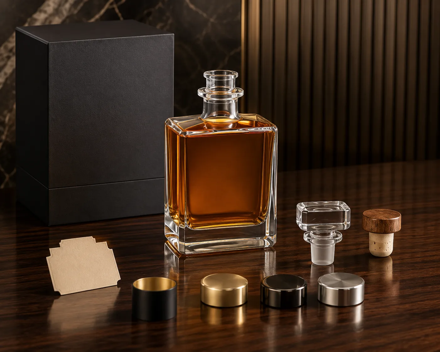 Square Whiskey Bottle shown from a secondary angle with the shoulder and neck visible.