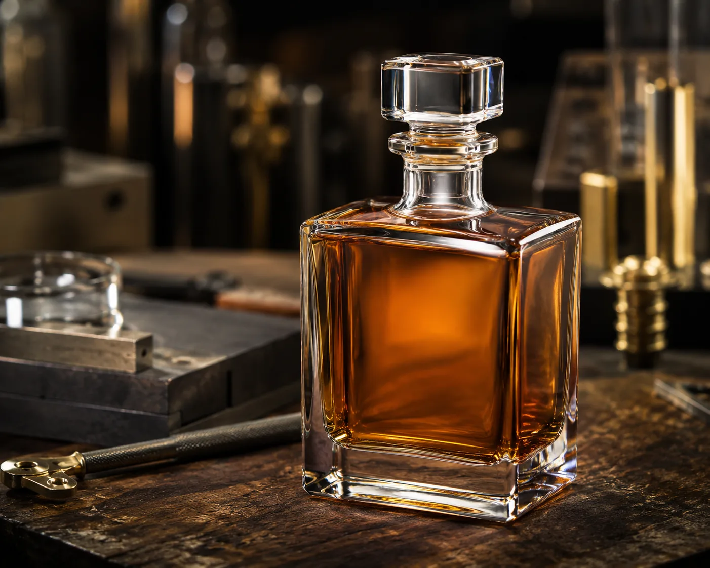 Square Whiskey Bottle in a coordinated bar or gift-packaging display.