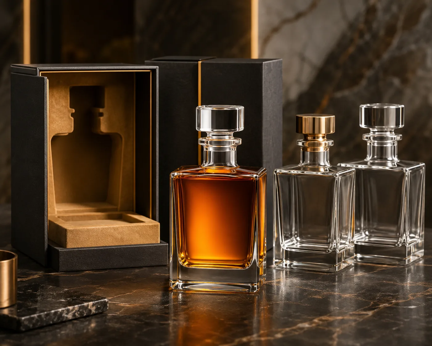 Close-up of Square Whiskey Bottle showing the glass finish, closure area and base.