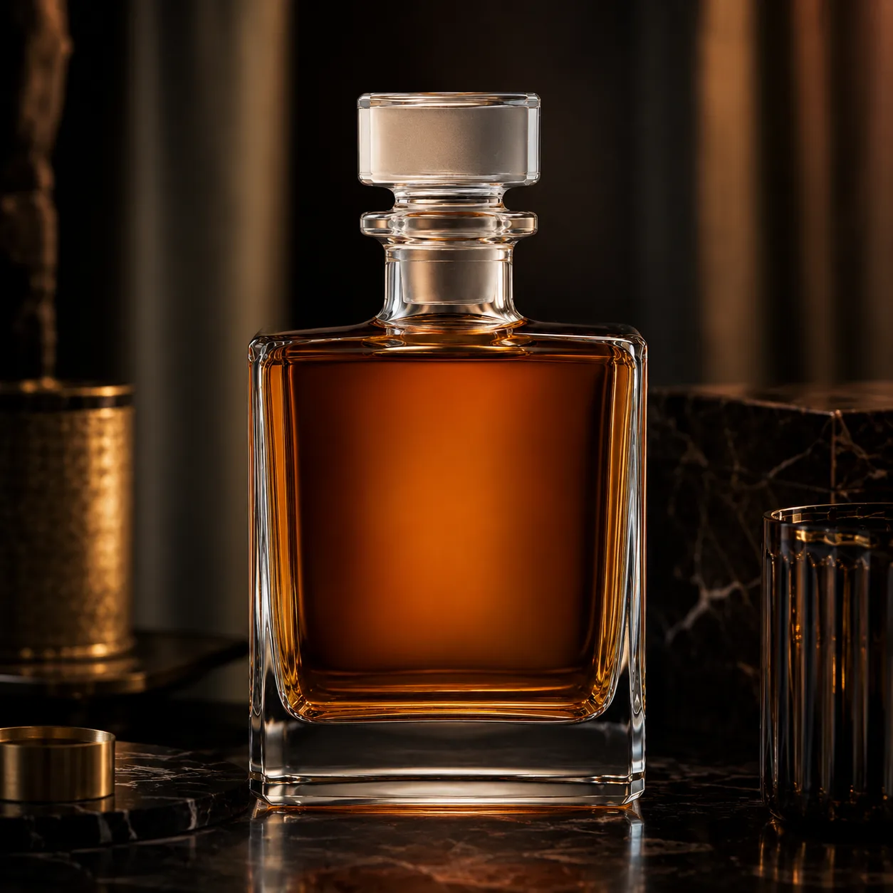 Detail view of Square Whiskey Bottle showing cork, bar top or cap by neck finish