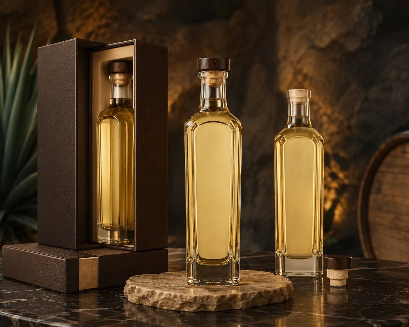 Close-up of Tequila Bottle showing the glass finish, closure area and base.