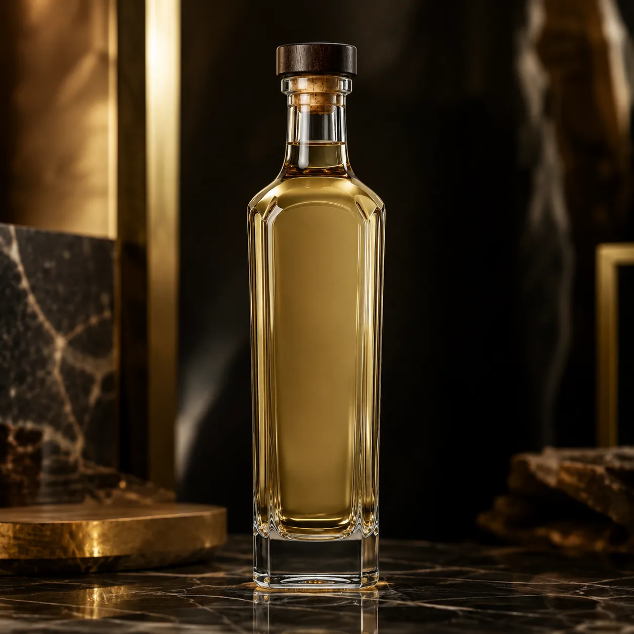 Detail view of Tequila Bottle showing cork, bar top or cap by neck finish