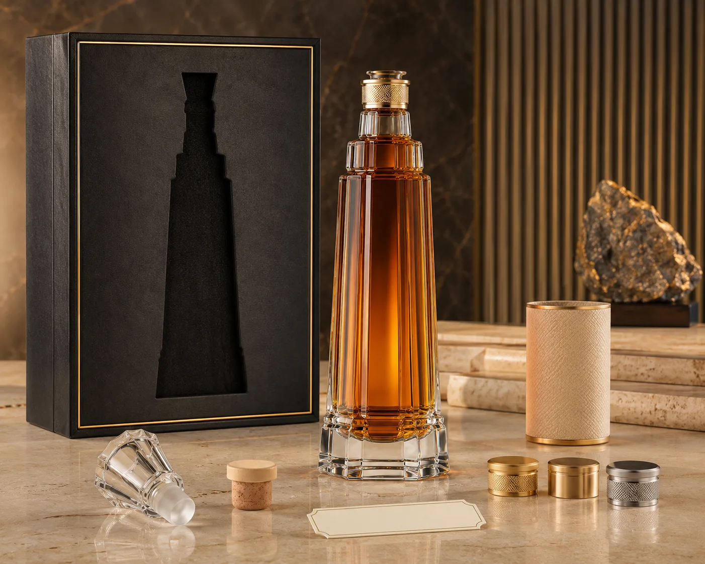 Tower-Shaped Liquor Bottle shown from a secondary angle with the shoulder and neck visible.