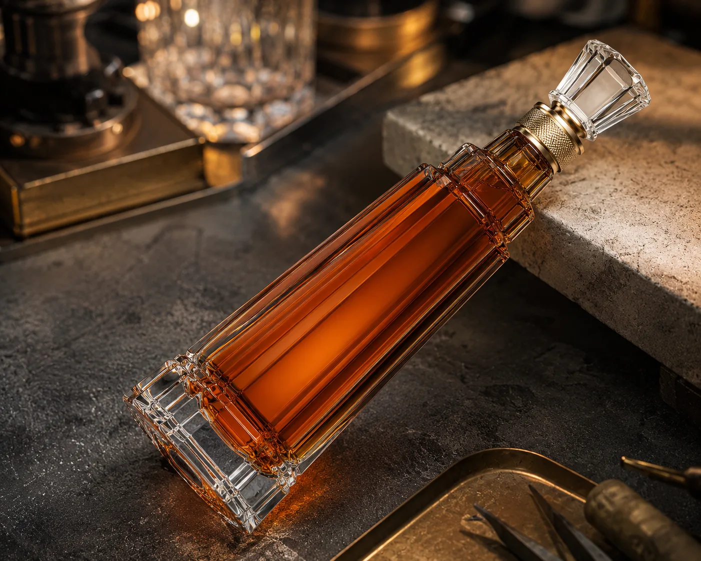 Tower-Shaped Liquor Bottle in a coordinated bar or gift-packaging display.