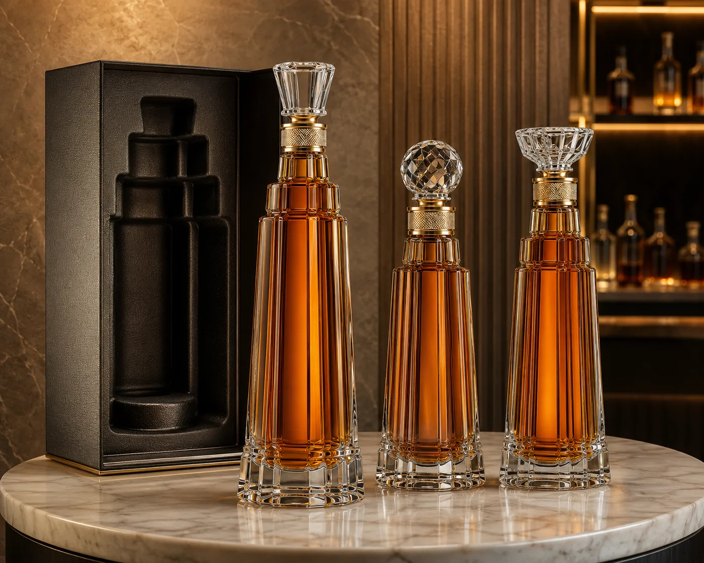 Close-up of Tower-Shaped Liquor Bottle showing the glass finish, closure area and base.