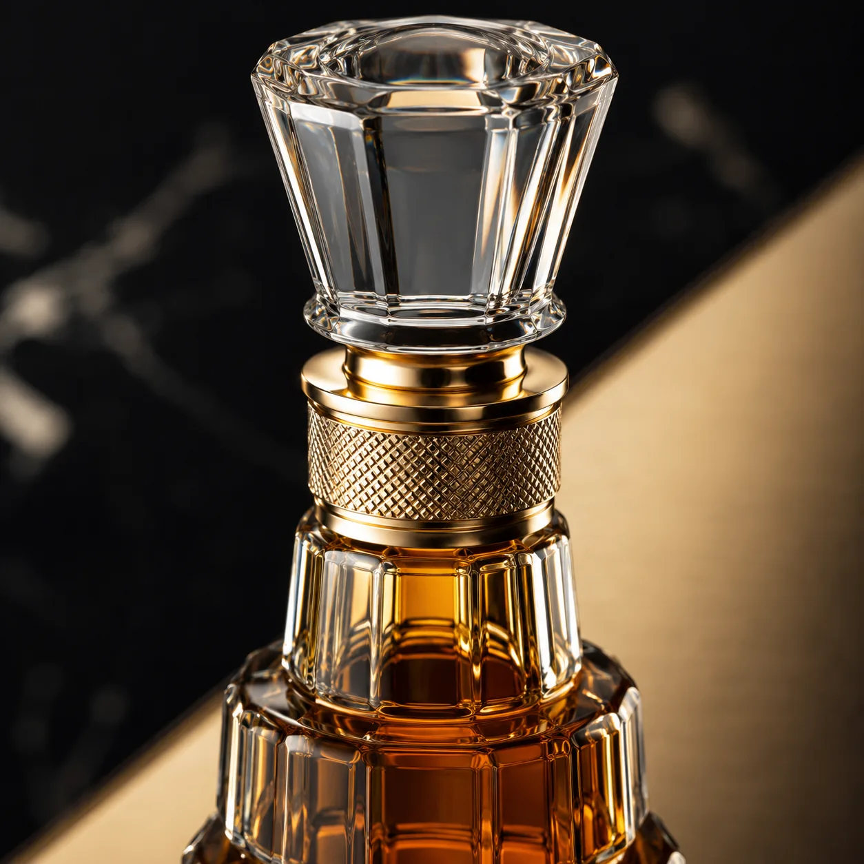 Close view of Tower-Shaped Liquor Bottle showing shoulder shape and label / embossing