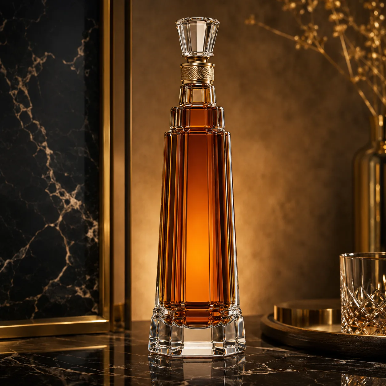 Detail view of Tower-Shaped Liquor Bottle showing cork, bar top or cap by neck finish