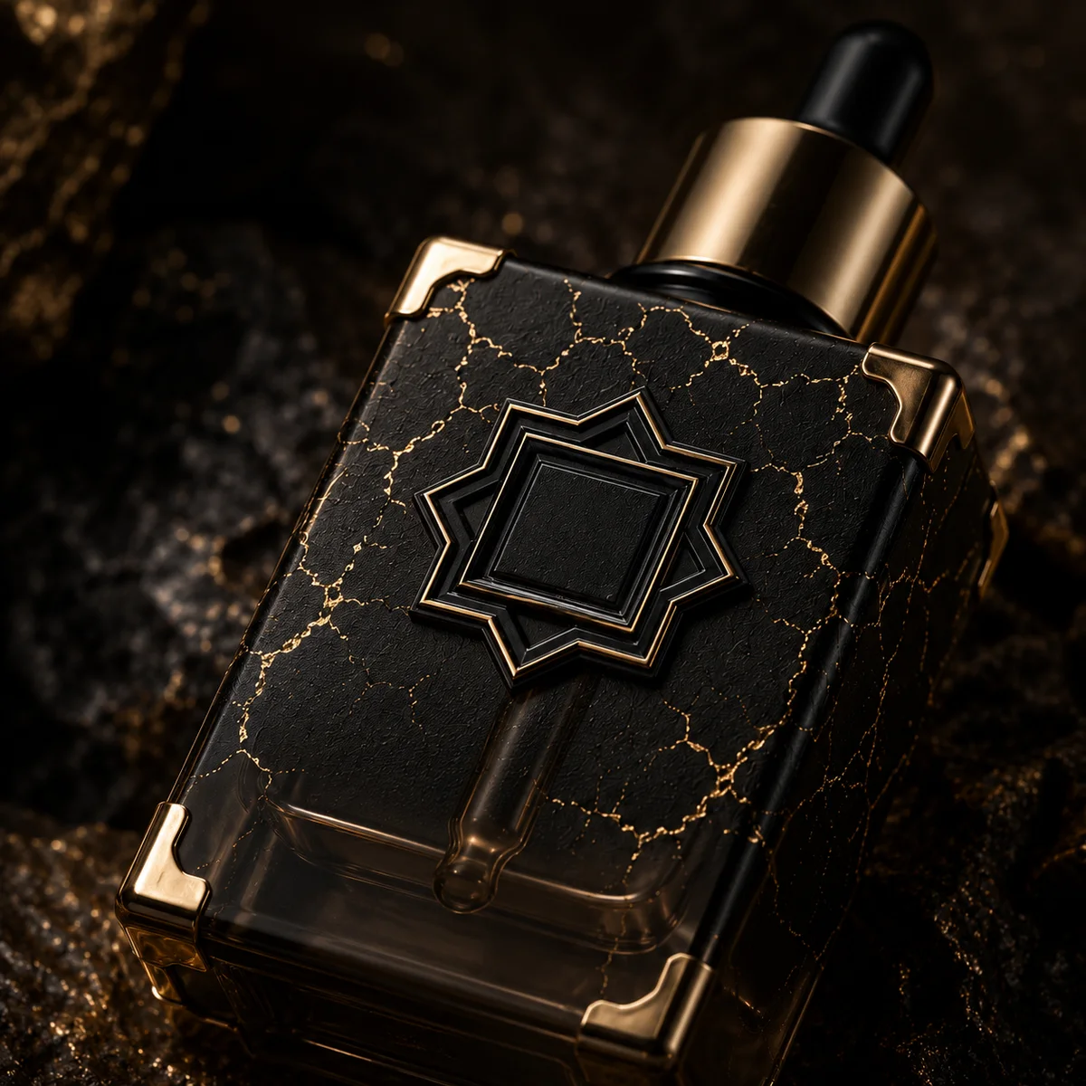 Black Gold Crackle Essential Oil Bottle closure or decoration detail