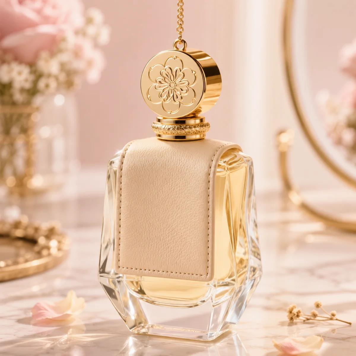 Floral-Cap Faceted Crystal Perfume Bottle front view