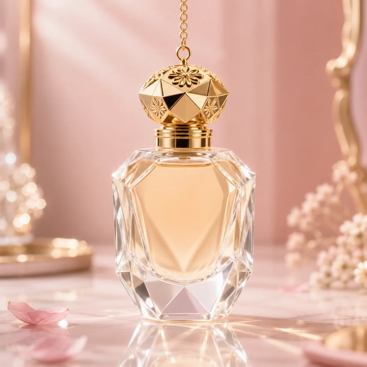Floral-Cap Faceted Crystal Perfume Bottle closure or decoration detail