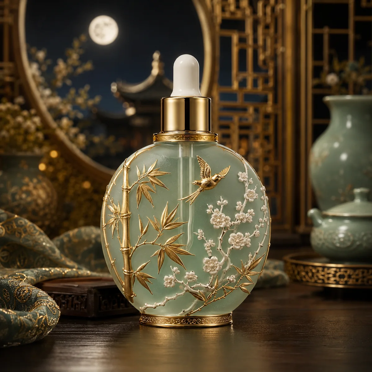 Jade Bird-and-Bamboo Essential Oil Bottle front view