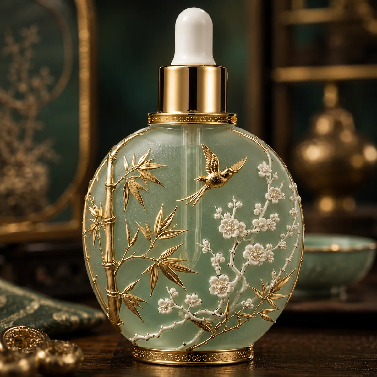 Jade Bird-and-Bamboo Essential Oil Bottle closure or decoration detail