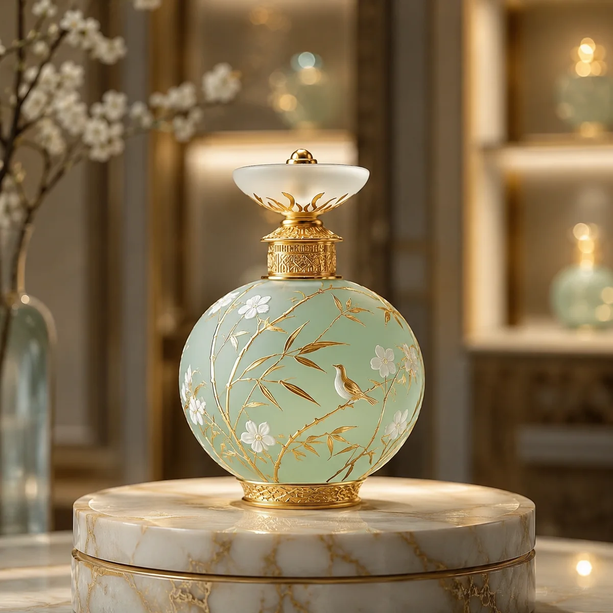 Jade Green Bird-and-Blossom Perfume Bottle closure or decoration detail