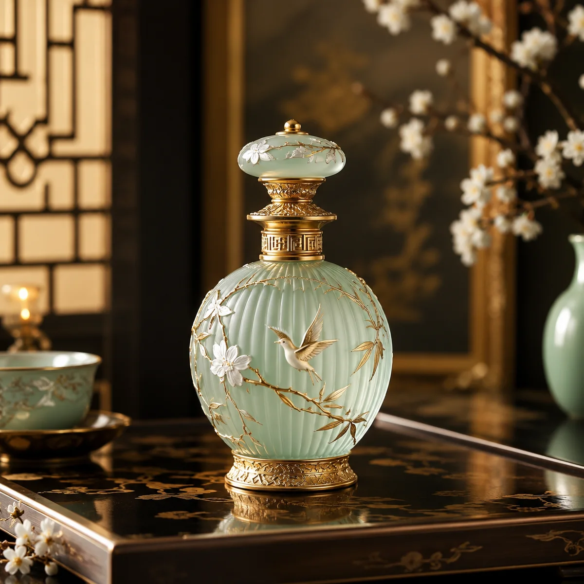 Jade Green Bird-and-Blossom Perfume Bottle alternate angle