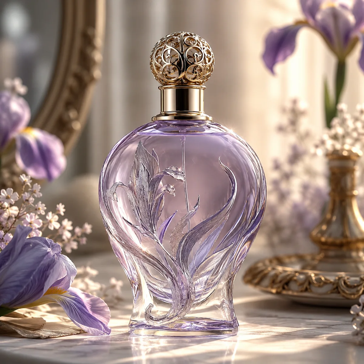 Luxury Iris Embossed Glass Perfume Bottle front view