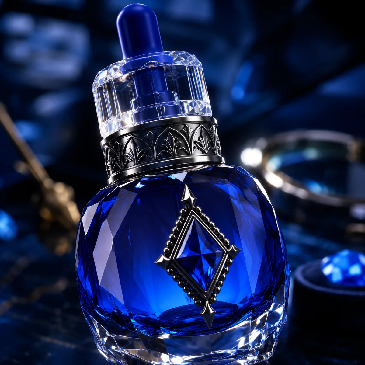 Midnight Sapphire Faceted Essential Oil Bottle closure or decoration detail