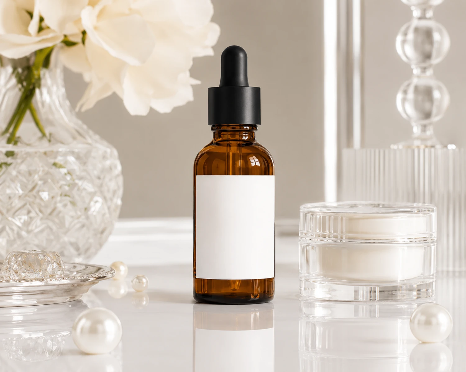 Amber Cosmetic Serum Bottle finished bottle campaign image showing amber glass packaging presentation