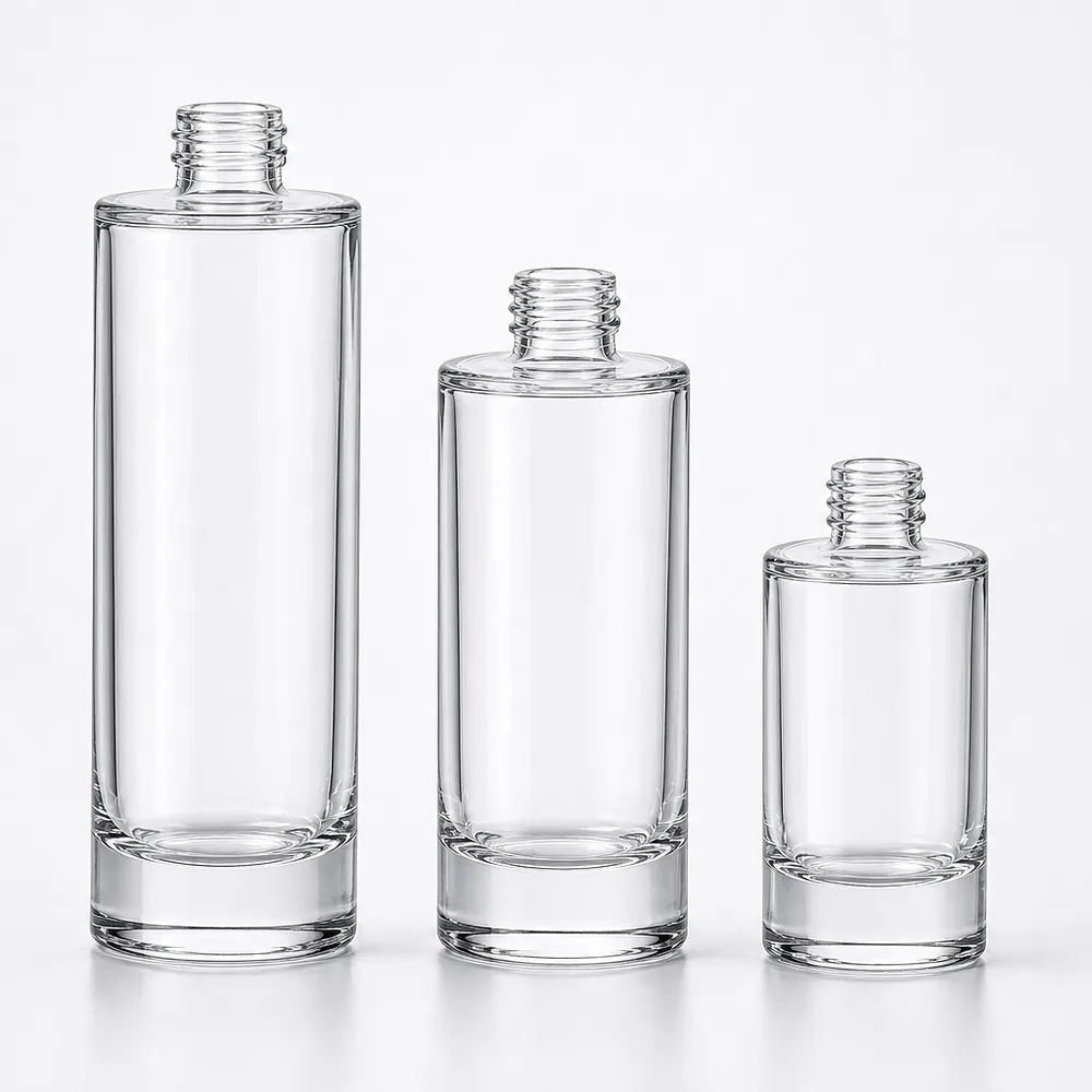 Clear Thick-Wall Skincare Bottle and Jar Set with pump, dropper and cream jar lid - closure detail