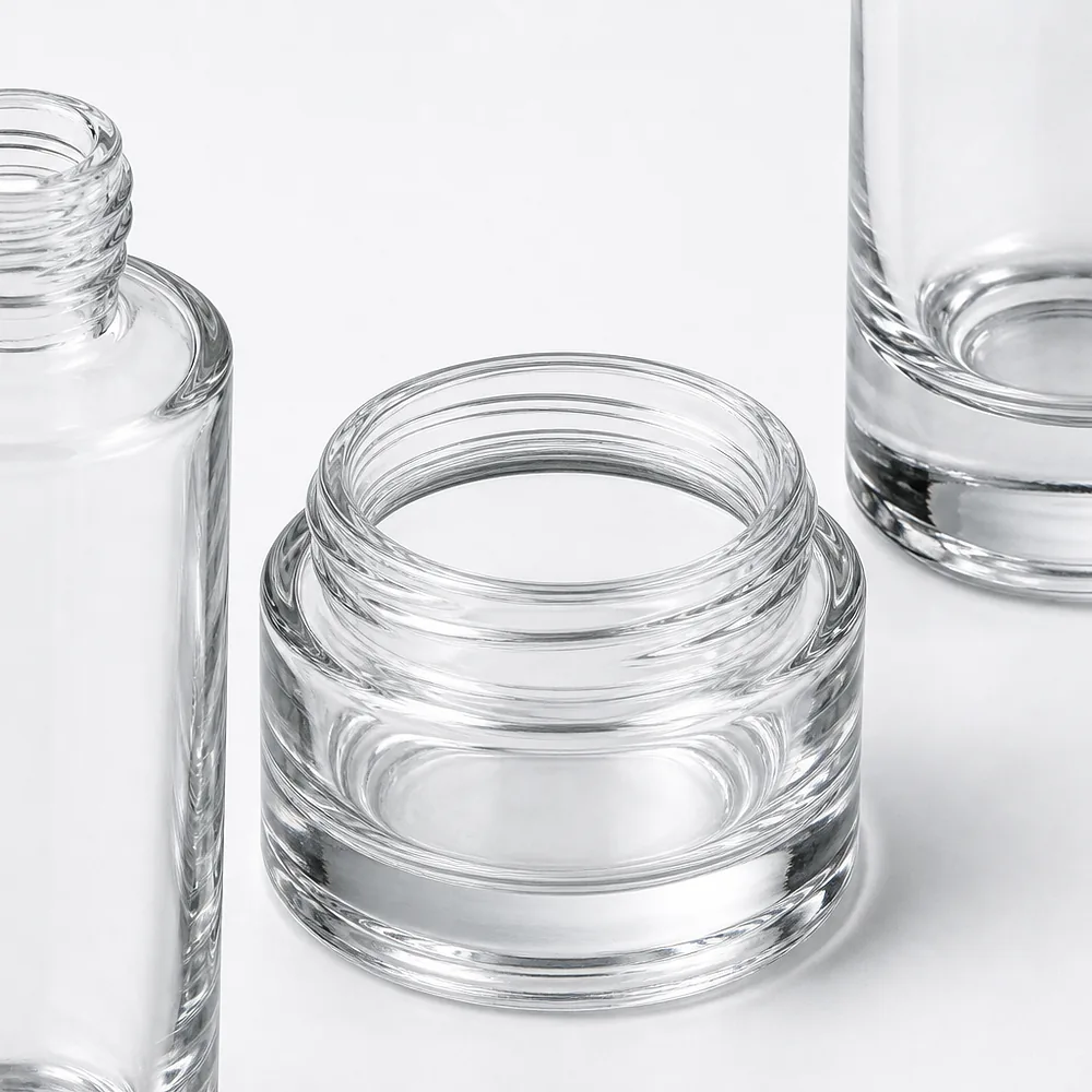 Clear Thick-Wall Skincare Bottle and Jar Set with pump, dropper and cream jar lid - packing view