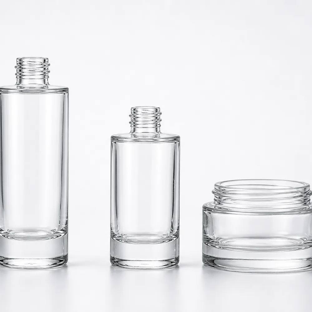 Clear Thick-Wall Skincare Bottle and Jar Set with pump, dropper and cream jar lid - decoration view