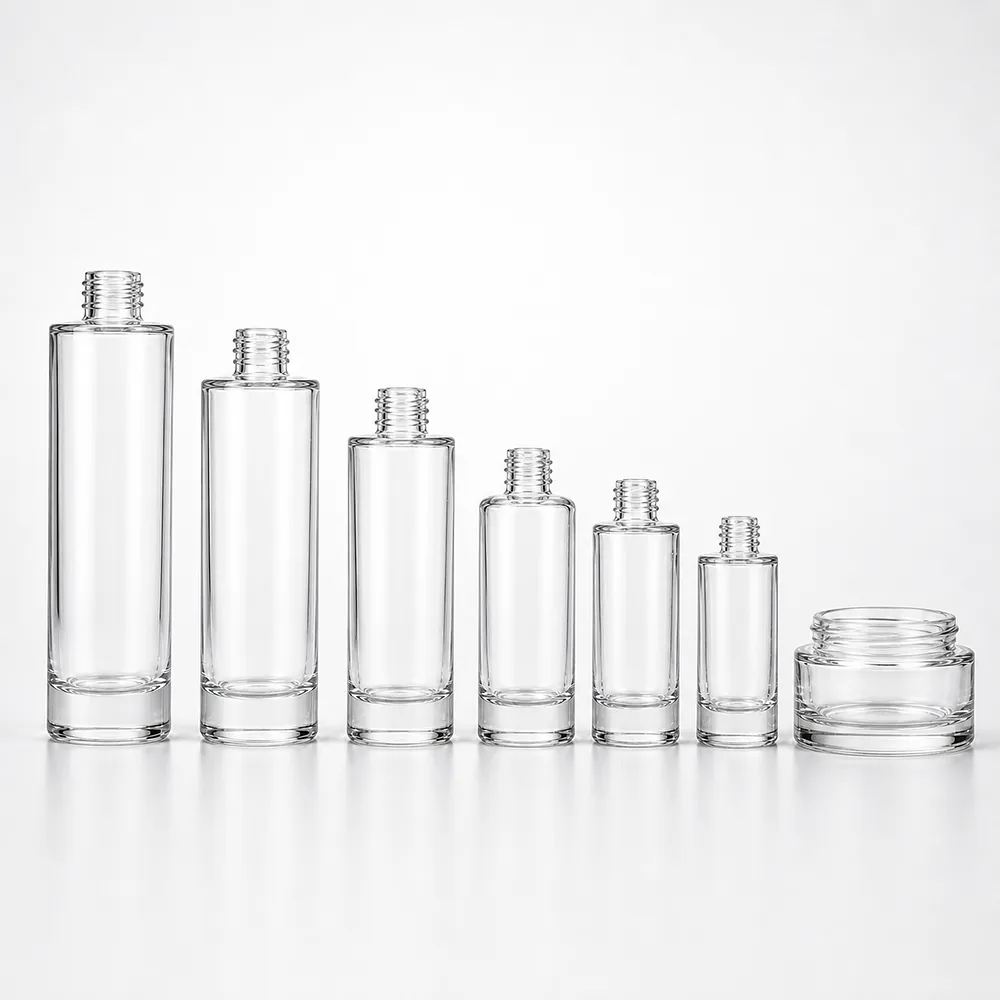 Clear Thick-Wall Skincare Bottle and Jar Set with pump, dropper and cream jar lid - front view