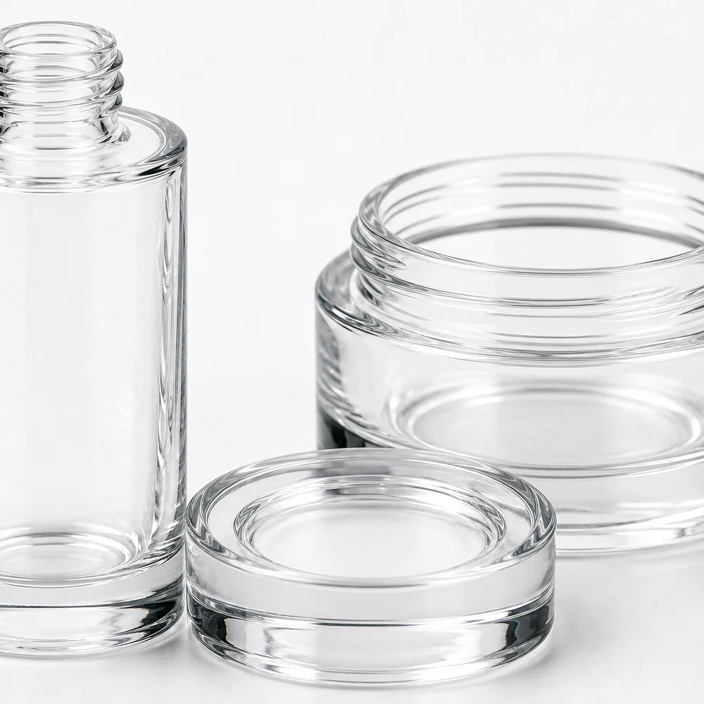 Cylindrical Serum Bottle and Cream Jar Set with pump, dropper and cream jar lid - packing view