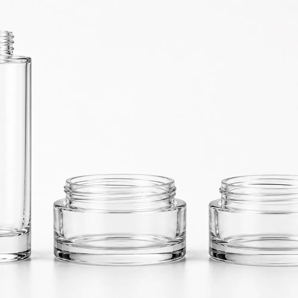 Cylindrical Serum Bottle and Cream Jar Set with pump, dropper and cream jar lid - decoration view