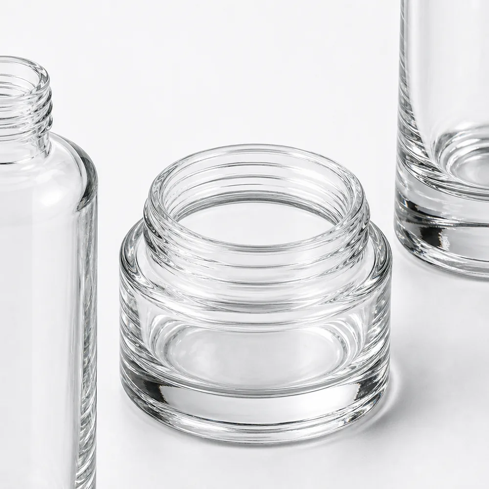 Drop Profile Cosmetic Bottle and Jar Set with pump, dropper and cream jar lid - packing view