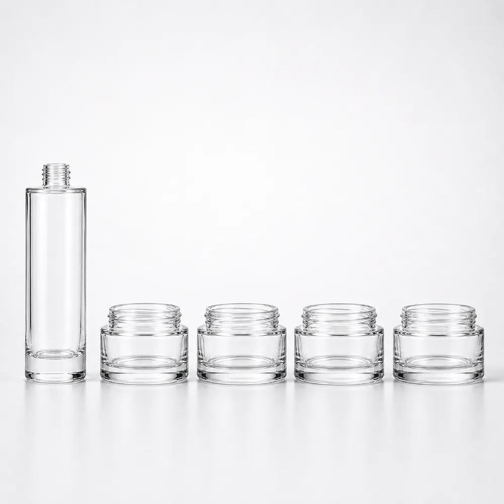 Drop Profile Cosmetic Bottle and Jar Set with pump, dropper and cream jar lid - front view