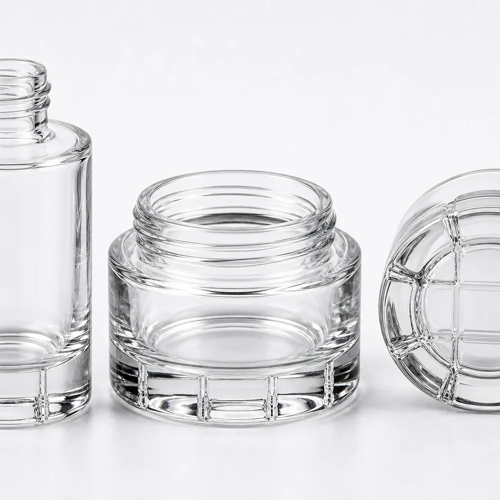 Grid Bottom Skincare Bottle and Jar Set with pump, dropper and cream jar lid - packing view