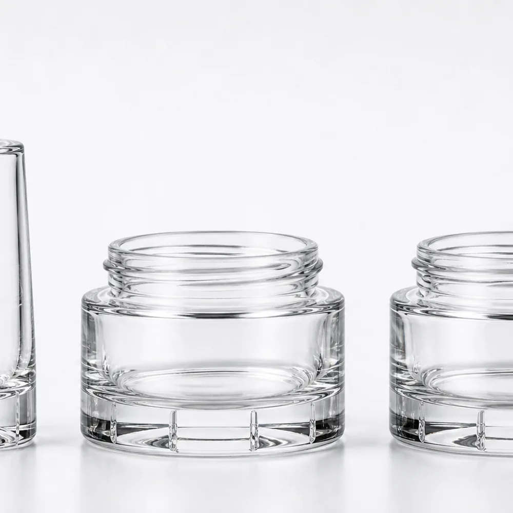 Grid Bottom Skincare Bottle and Jar Set with pump, dropper and cream jar lid - decoration view