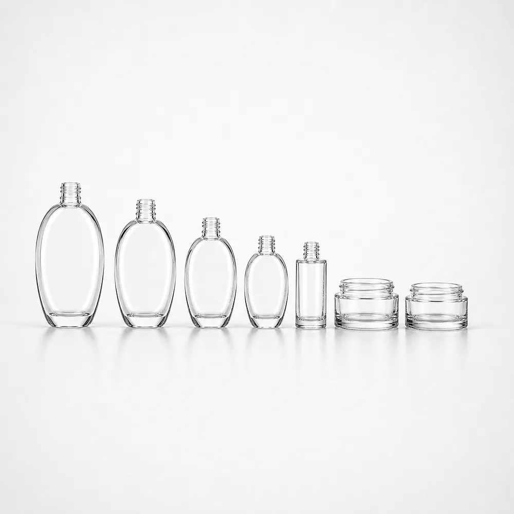 Oval Luxury Skincare Bottle and Jar Set with pump, dropper and cream jar lid - front view