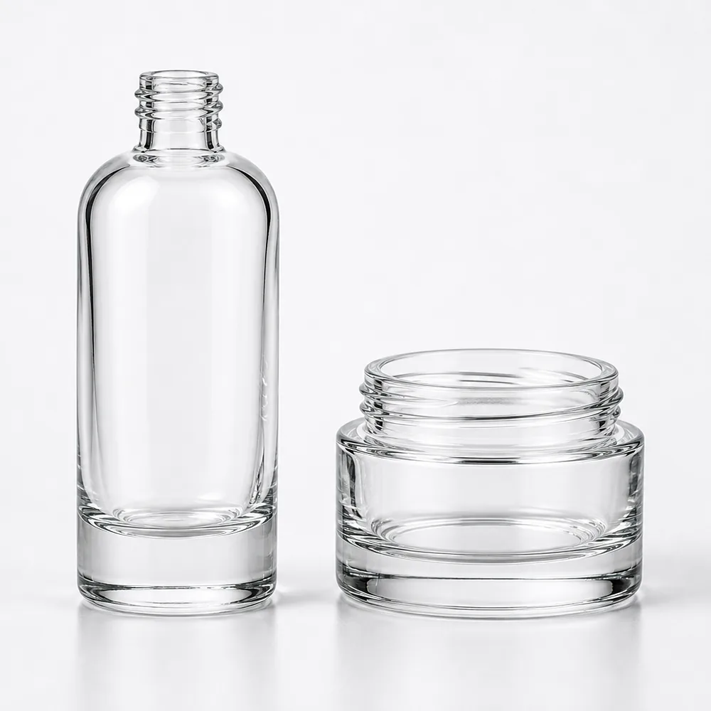 Oval Shoulder Cosmetic Bottle and Cream Jar Set with pump, dropper and cream jar lid - decoration view
