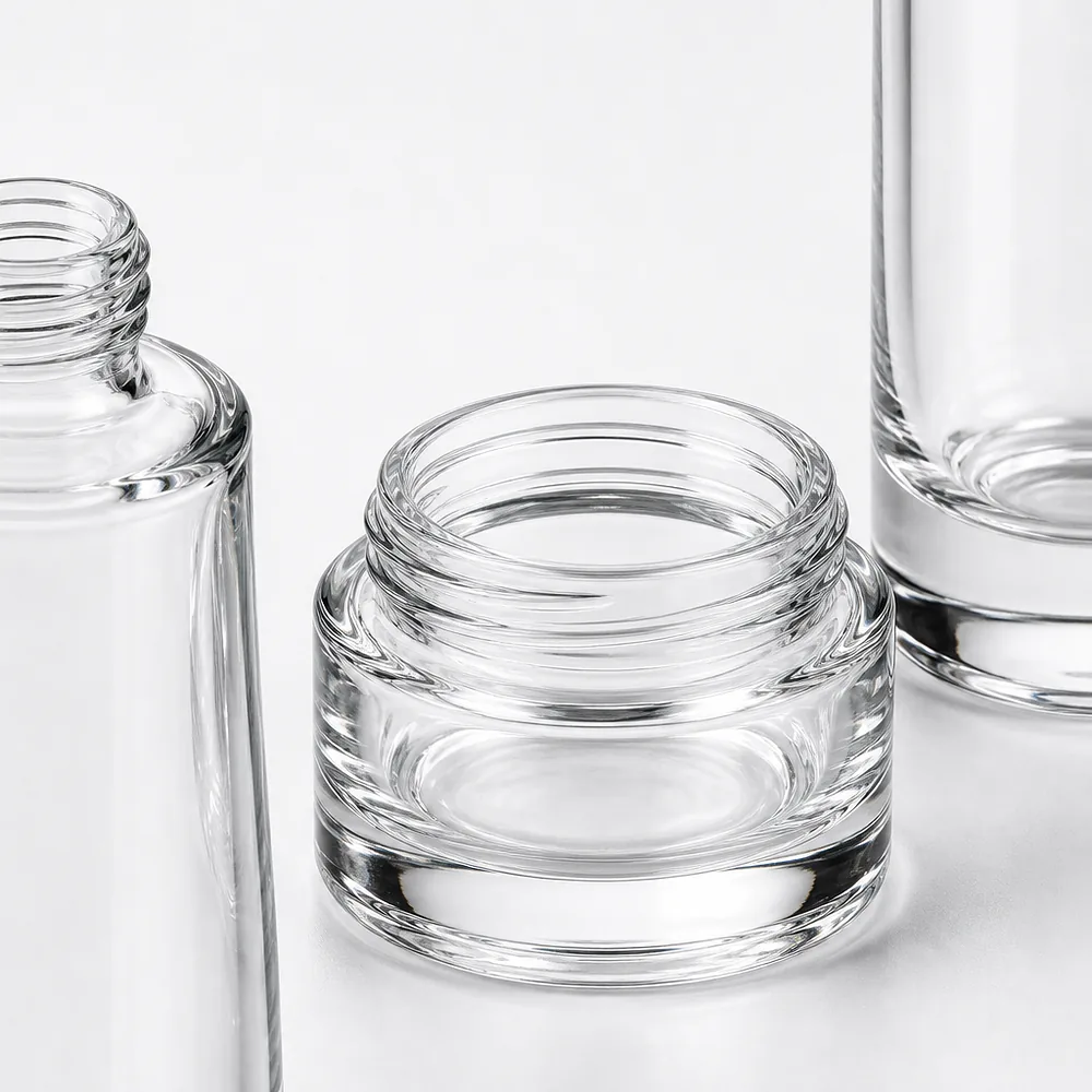 Round Jar and Lotion Bottle Skincare Set with pump, dropper and cream jar lid - packing view