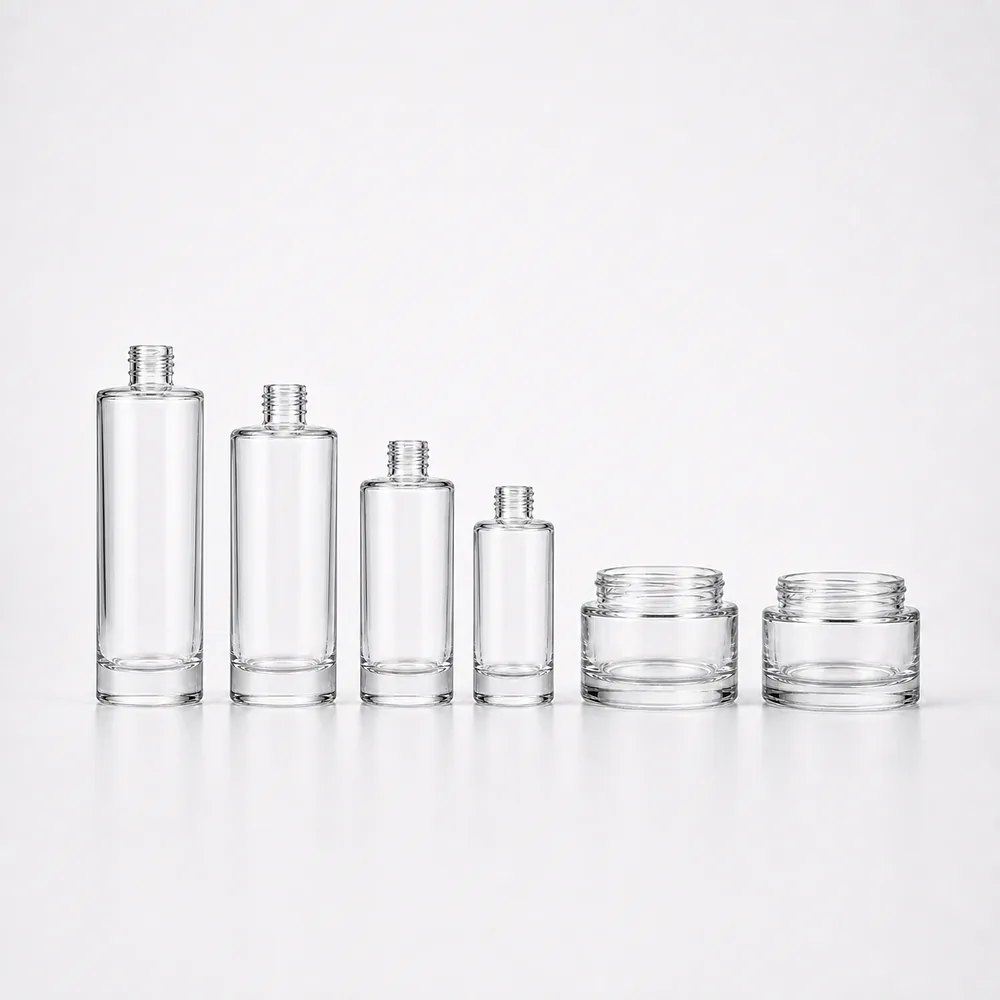 Round Jar and Lotion Bottle Skincare Set with pump, dropper and cream jar lid - front view