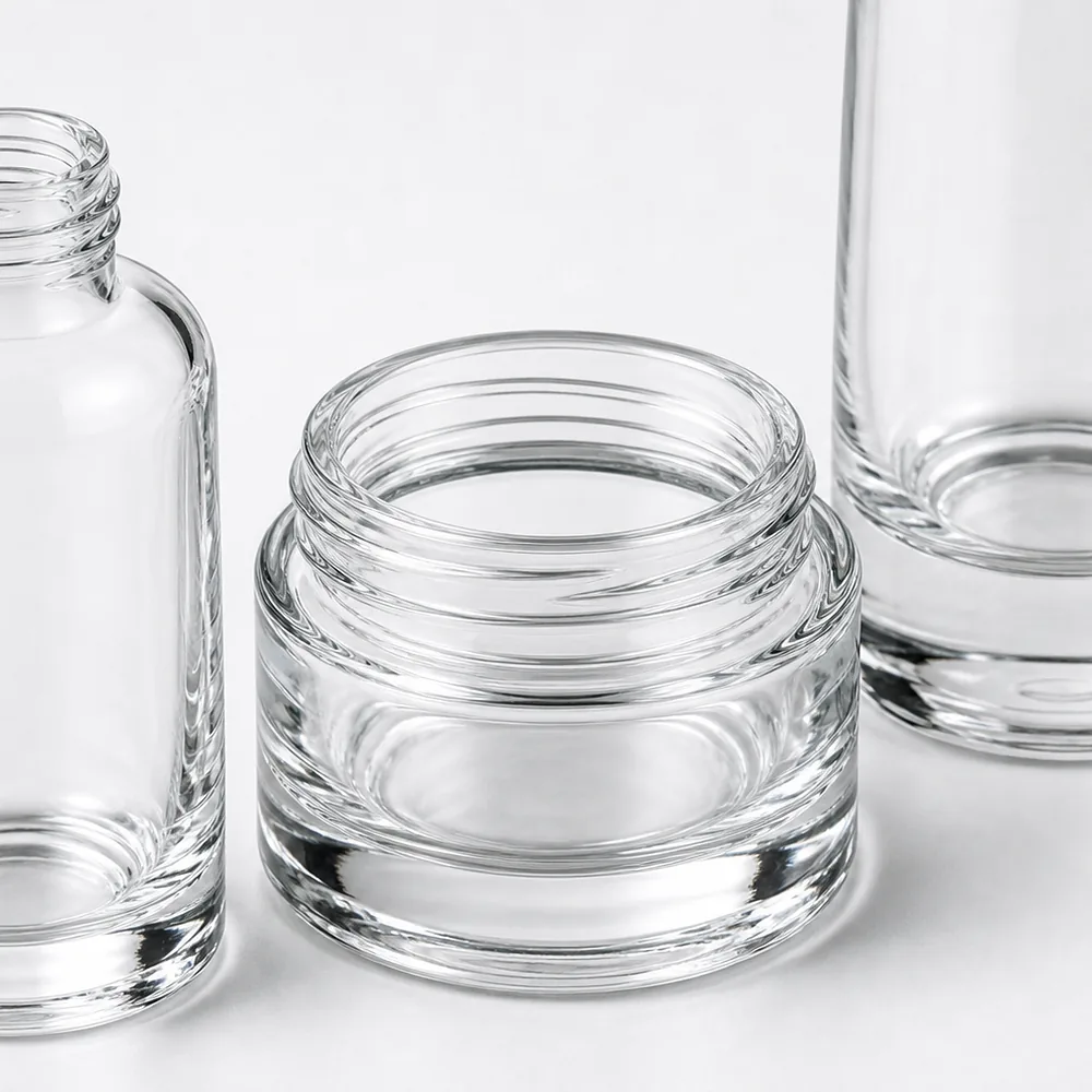 Rounded Shoulder Skincare Bottle and Jar Set with pump, dropper and cream jar lid - packing view