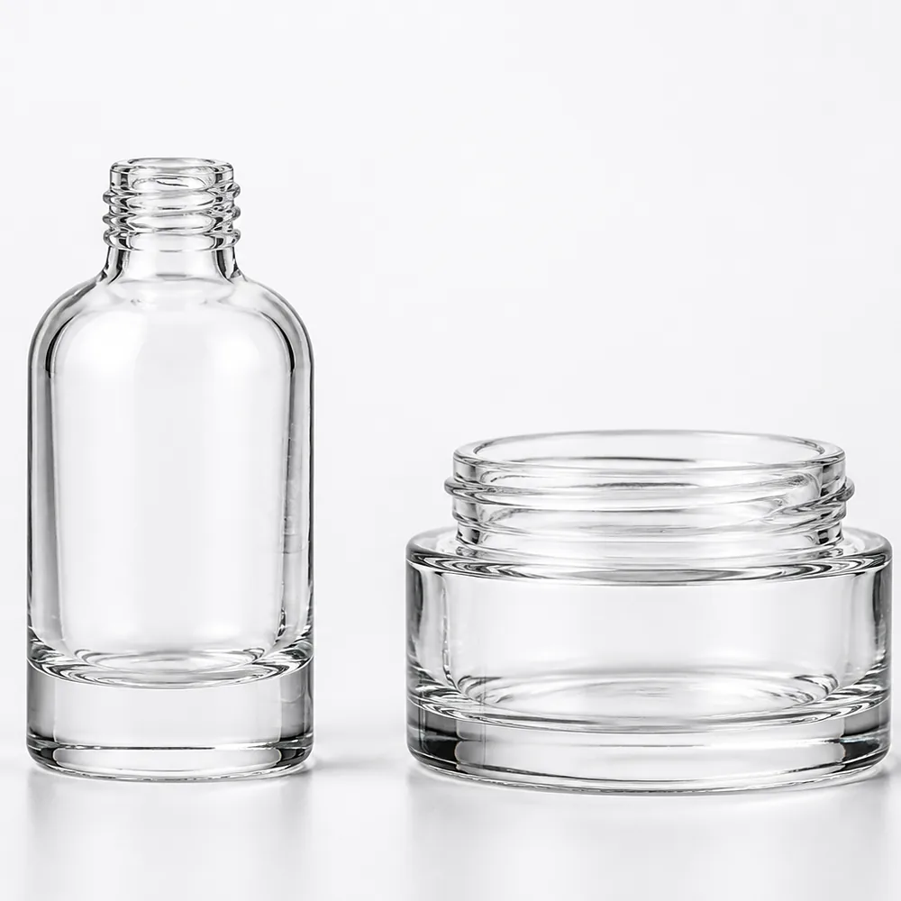 Rounded Shoulder Skincare Bottle and Jar Set with pump, dropper and cream jar lid - decoration view