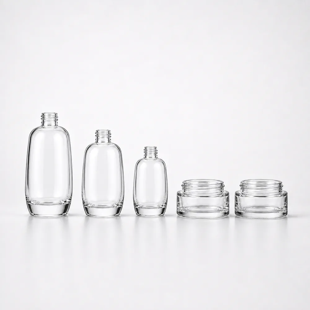 Soft Contour Skincare Bottle and Jar Set with pump, dropper and cream jar lid - front view
