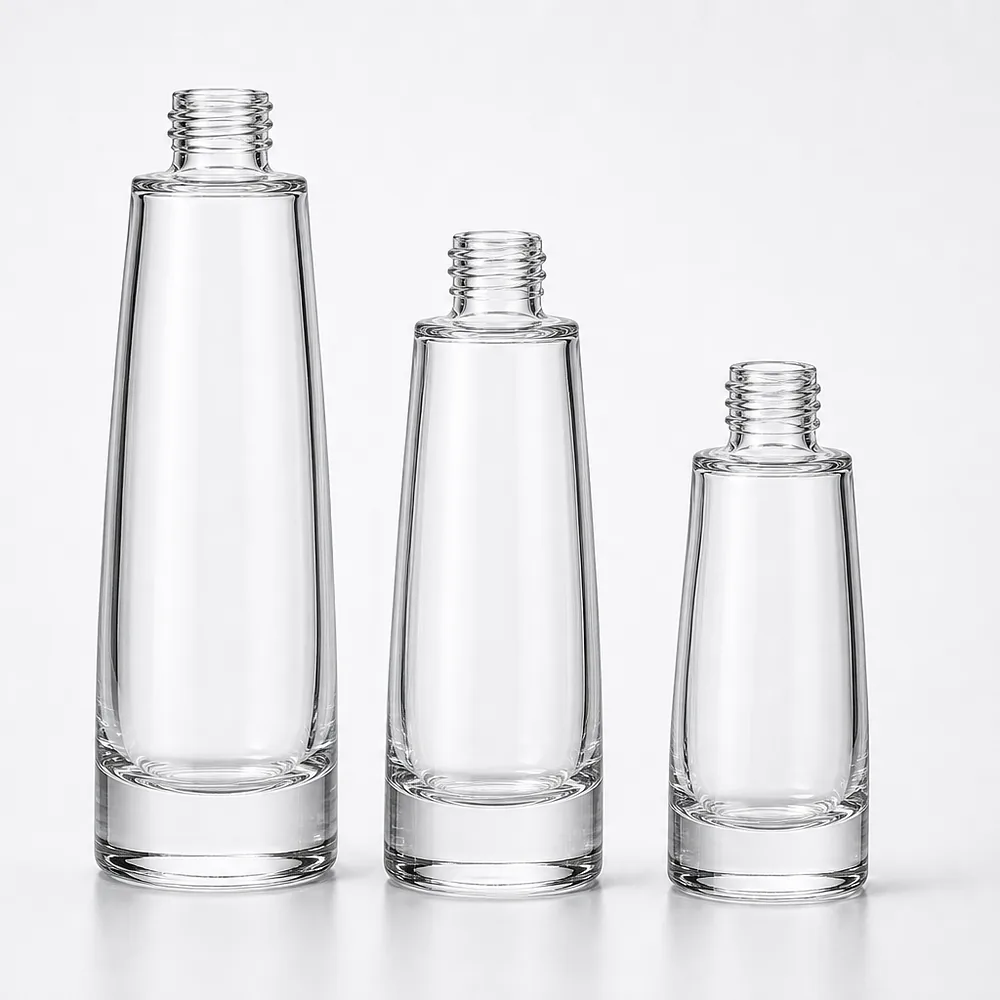 Tapered Shoulder Serum Bottle and Cream Jar Set with pump, dropper and cream jar lid - closure detail