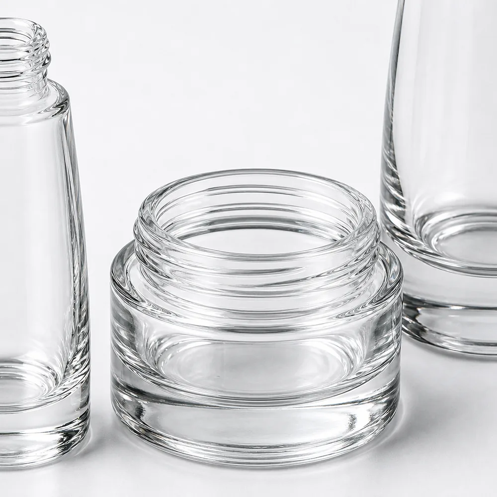Tapered Shoulder Serum Bottle and Cream Jar Set with pump, dropper and cream jar lid - packing view