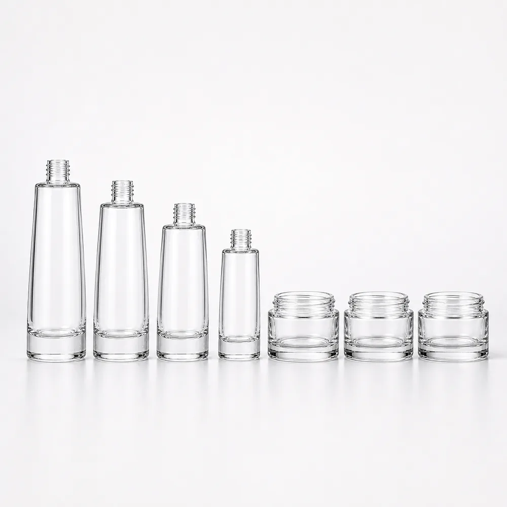 Tapered Shoulder Serum Bottle and Cream Jar Set with pump, dropper and cream jar lid - front view