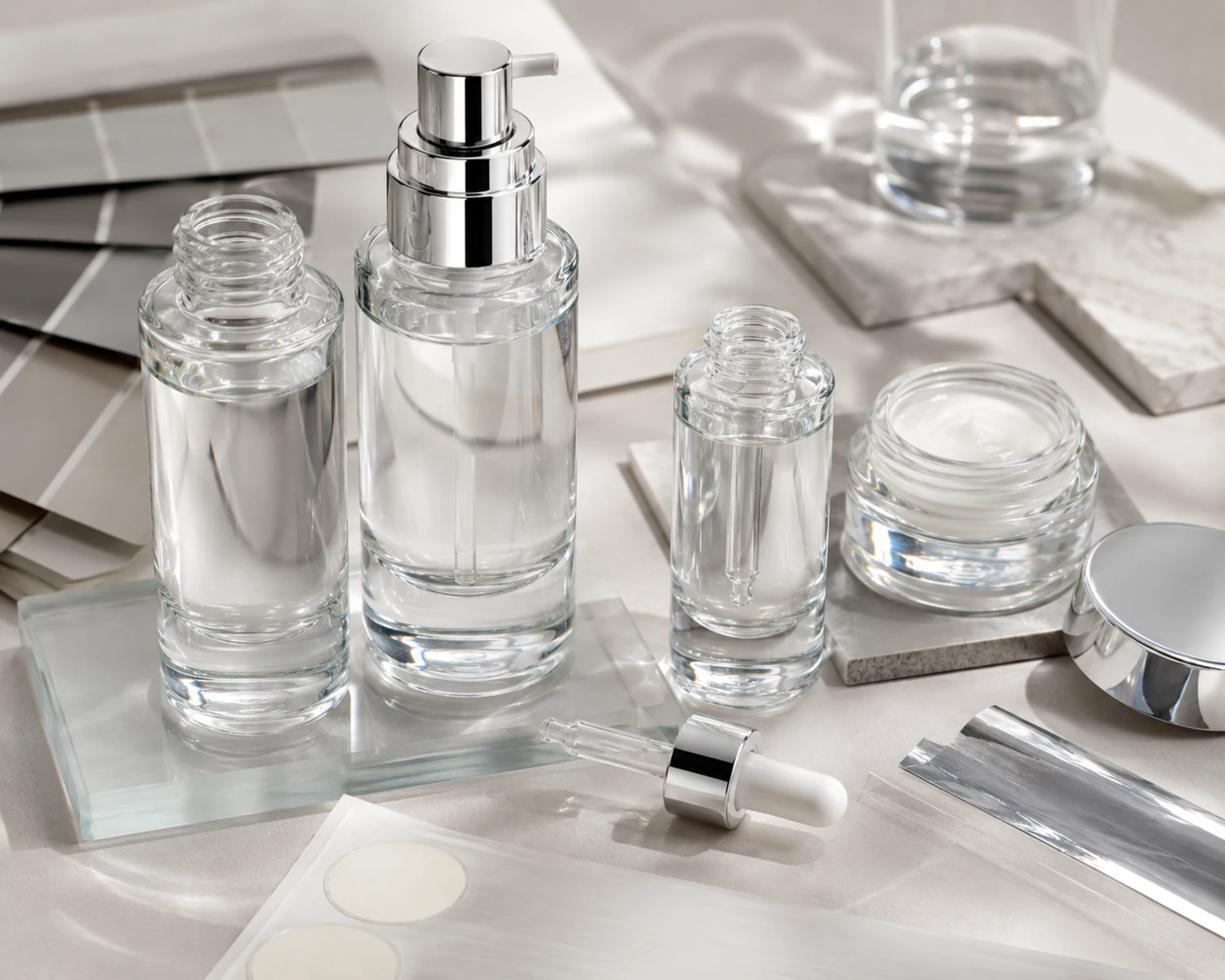 accessories detail image of Clear Thick-Wall Skincare Bottle and Jar Set showing caps, pumps, jar lids or cosmetic packaging components