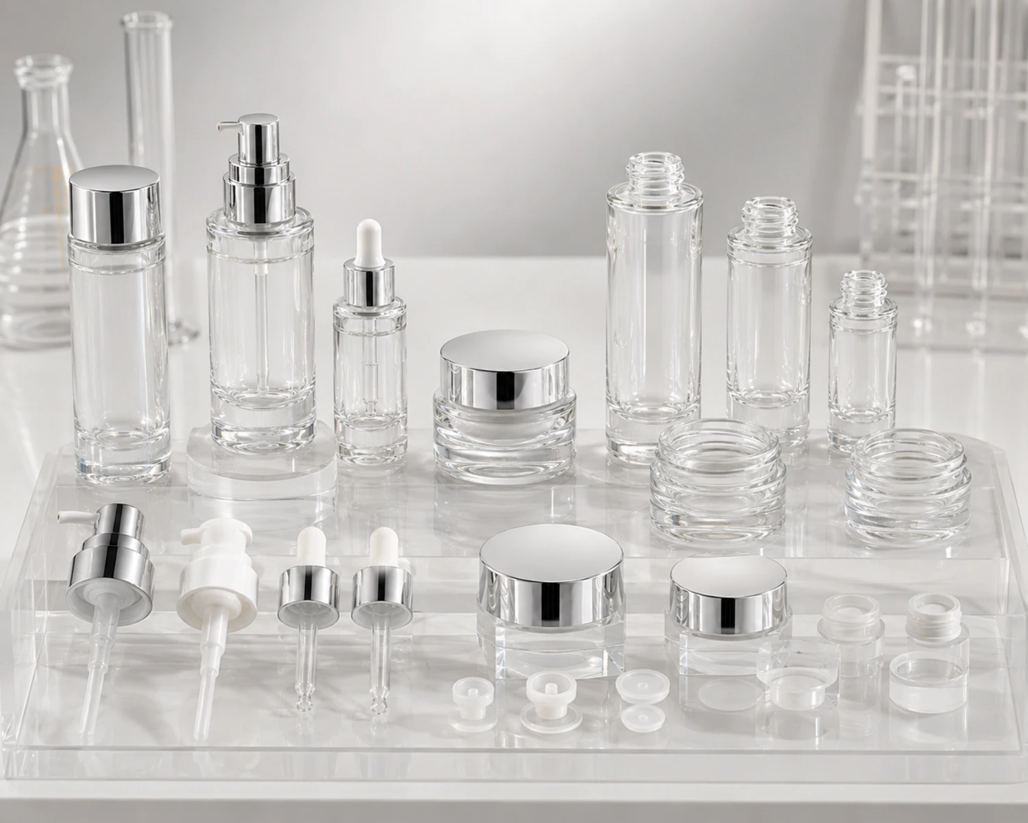 decoration process detail image of Clear Thick-Wall Skincare Bottle and Jar Set showing finish, bottle detail or surface treatment