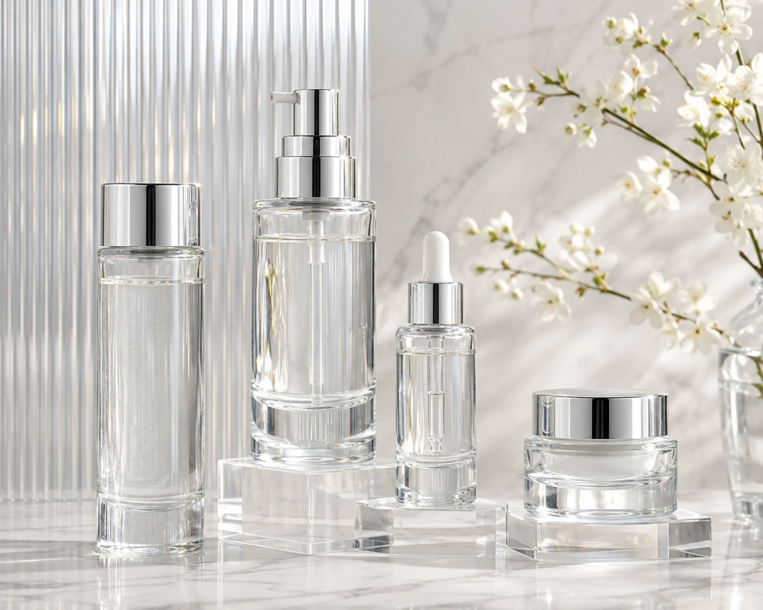 Clear Thick-Wall Skincare Bottle and Jar Set finished bottle campaign image showing premium cosmetic bottle and jar set presentation